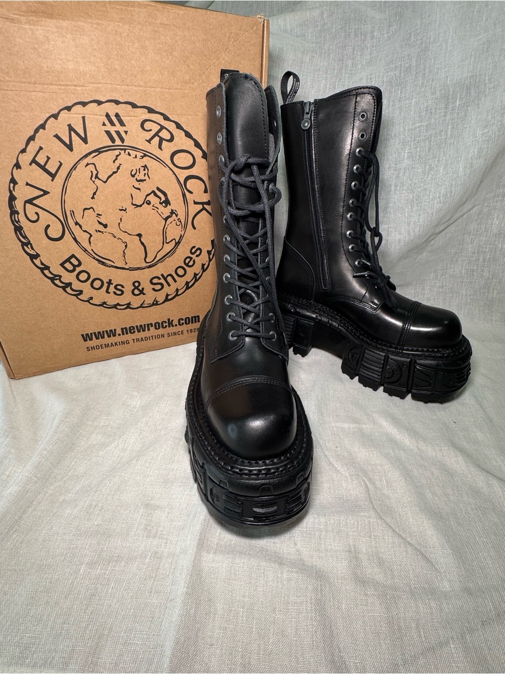 Custom New Rock Black Leather Platform Combat Boots